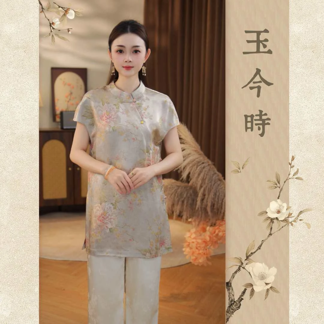 [念奴娇]新中式高定设计质感丝缎夏季女士小飞袖裙衫05059