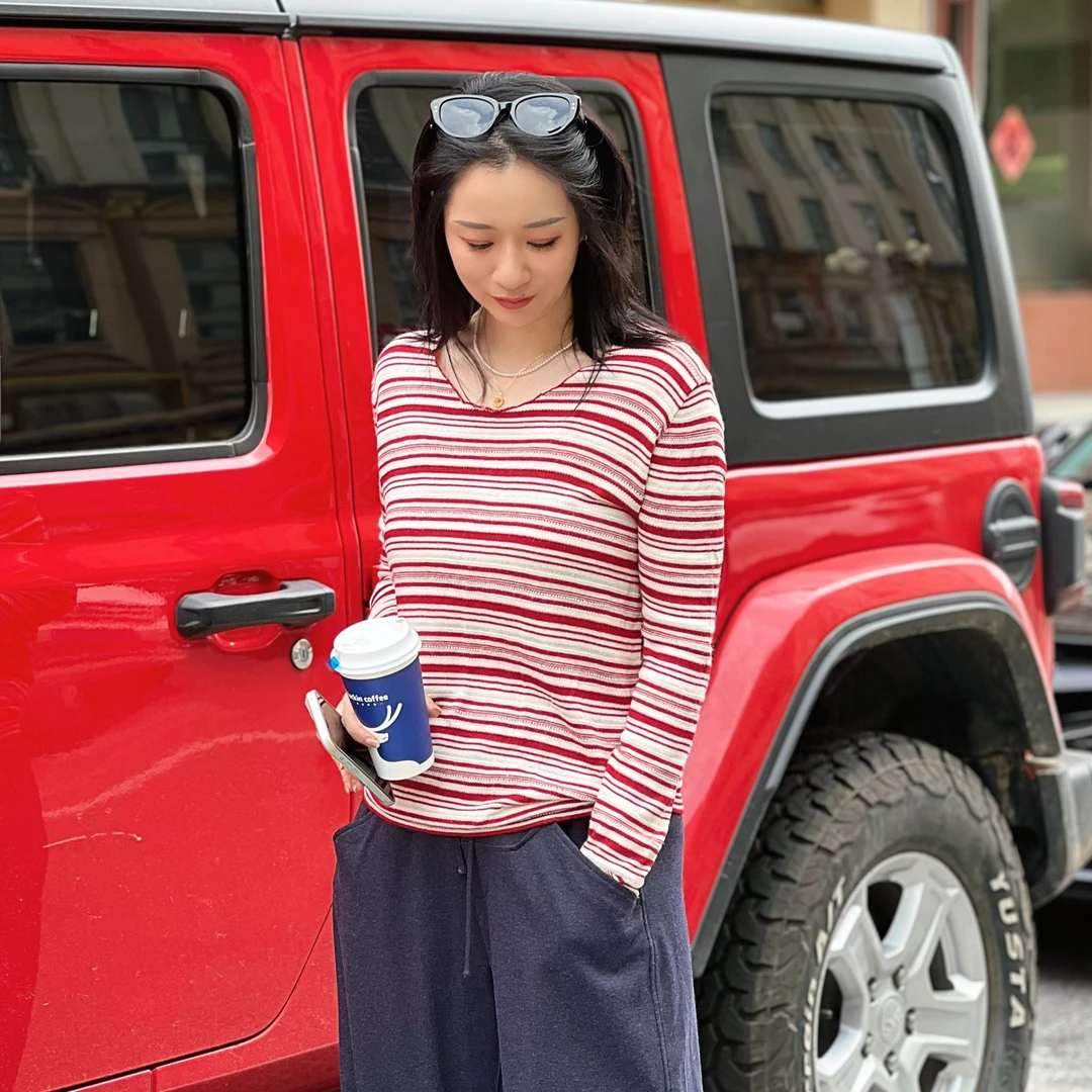 櫟丝御锦 柞蚕丝经典圆领条纹长袖针织常规宽松型百搭女上衣 1256