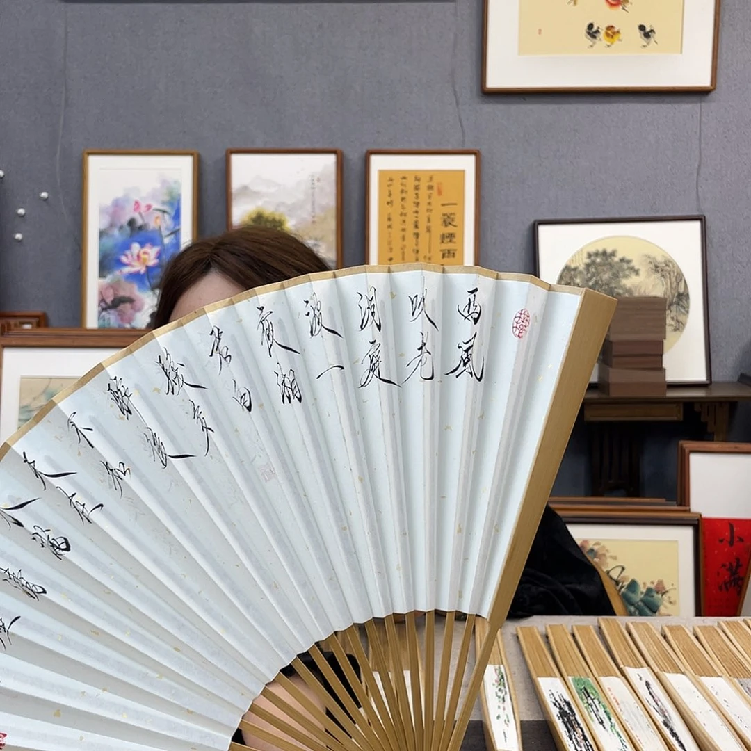 国画95寸玉竹-纯手绘-文玩扇骨（默认粘好）西风