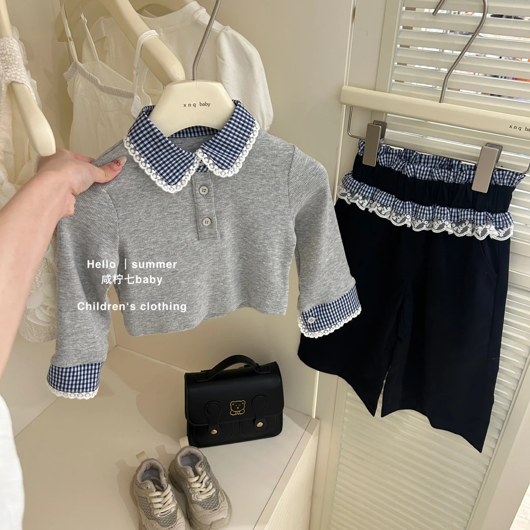 【咸柠七】miu系女童套装格纹假两件设计感撞色长袖T恤春季两件套