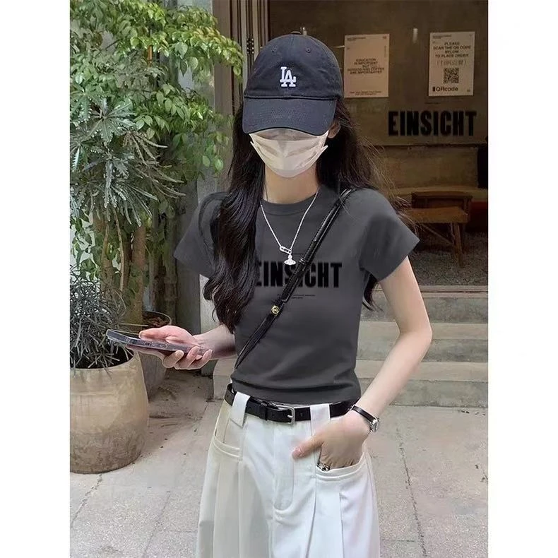 灰色短袖T恤女短款2025新款夏季纯棉正肩显瘦印花辣妹体恤上衣潮
