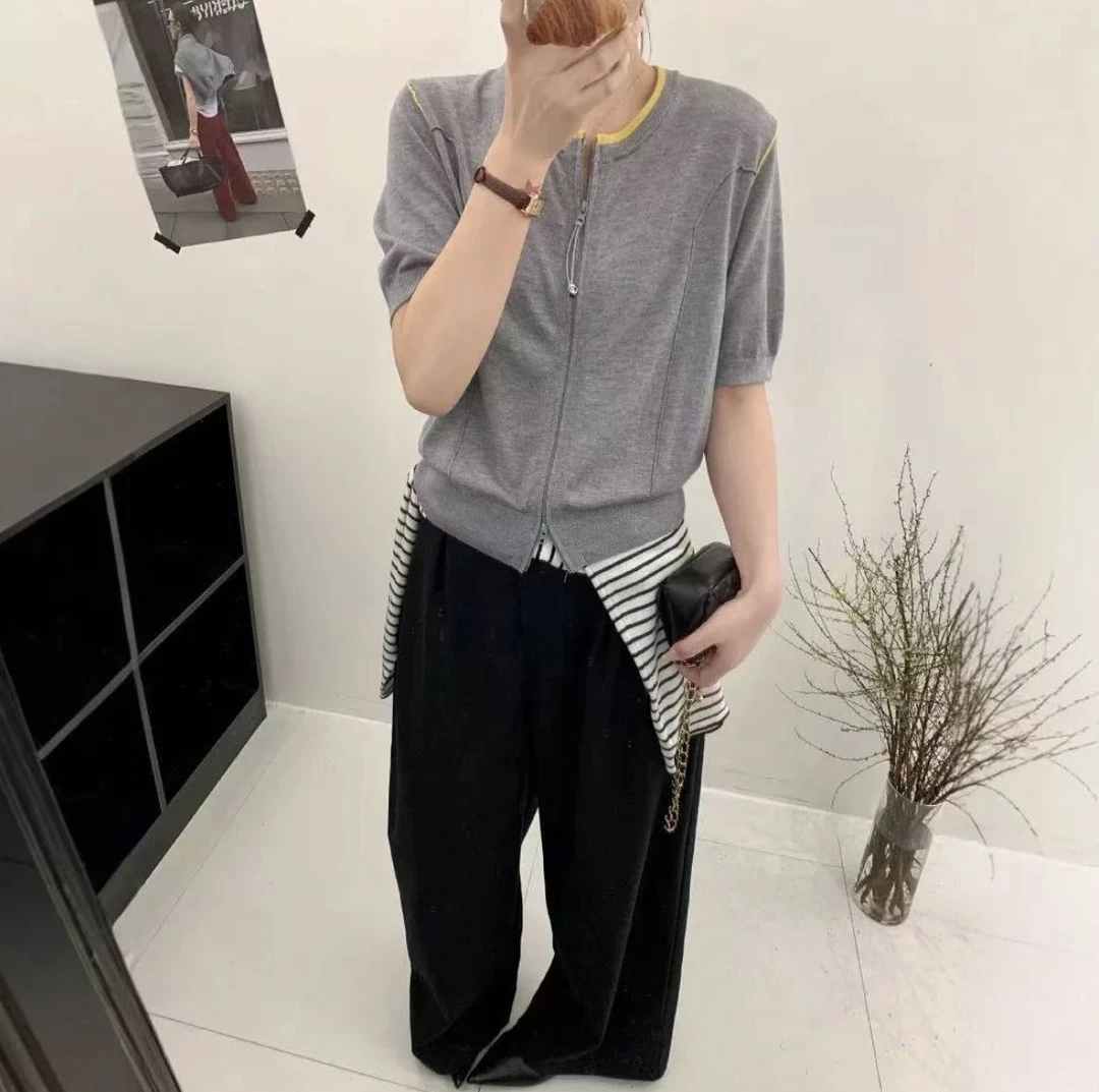 【极简主义】双拉链短袖天丝麻女开衫款长袖宽松针织衫圆领短款针织