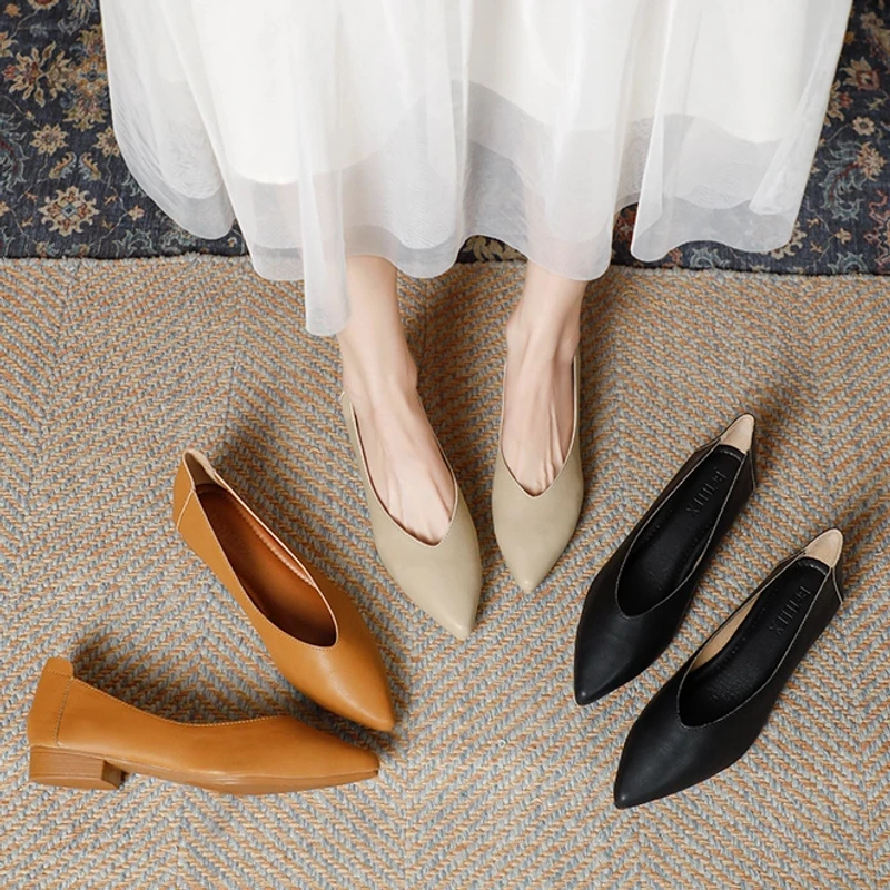 真皮尖头百搭多色低跟女鞋2025气质舒适时尚春季温柔软底607
