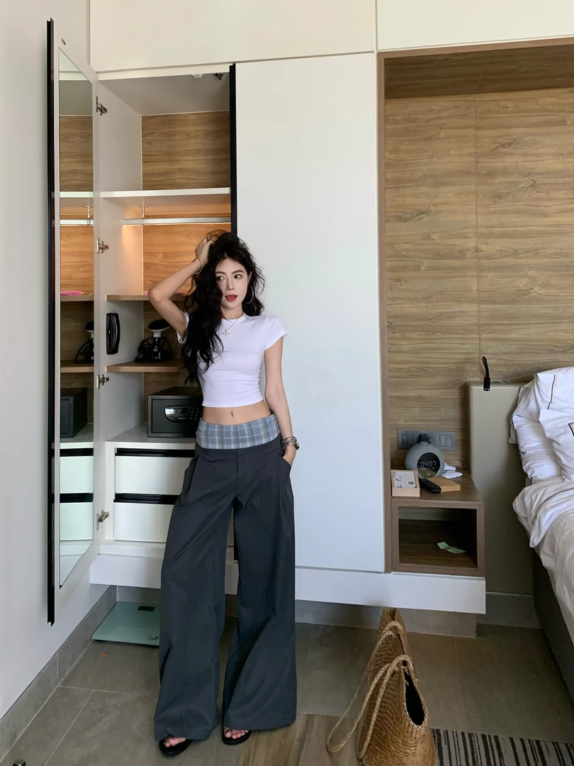 休闲简约短款短袖t恤上衣拼接格子休闲阔腿裤工装休闲裤