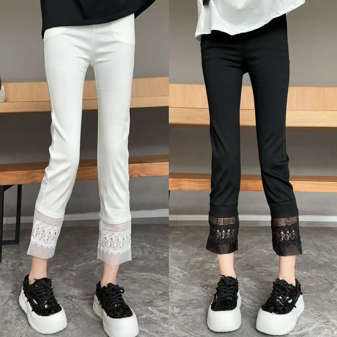 【YJ·高定】2025夏季弹力修身松紧裤百搭蕾丝薄款高腰烟管裤女YK627