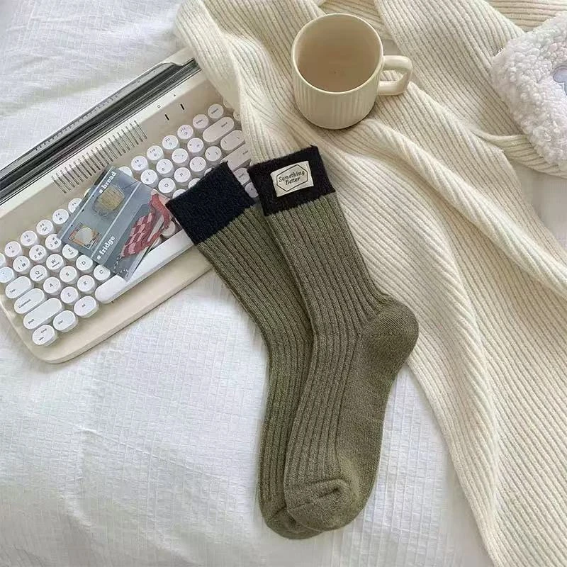 撞色拼接袜子女中筒袜纯棉秋季薄款堆堆袜灰色长袜潮