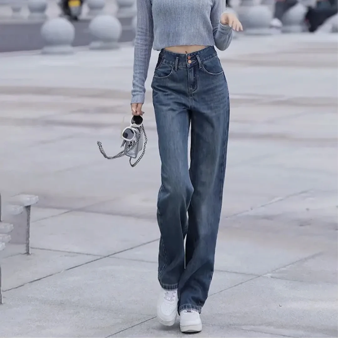 （女装）368 蓝色双扣高腰宽松显瘦设计感直筒牛仔裤