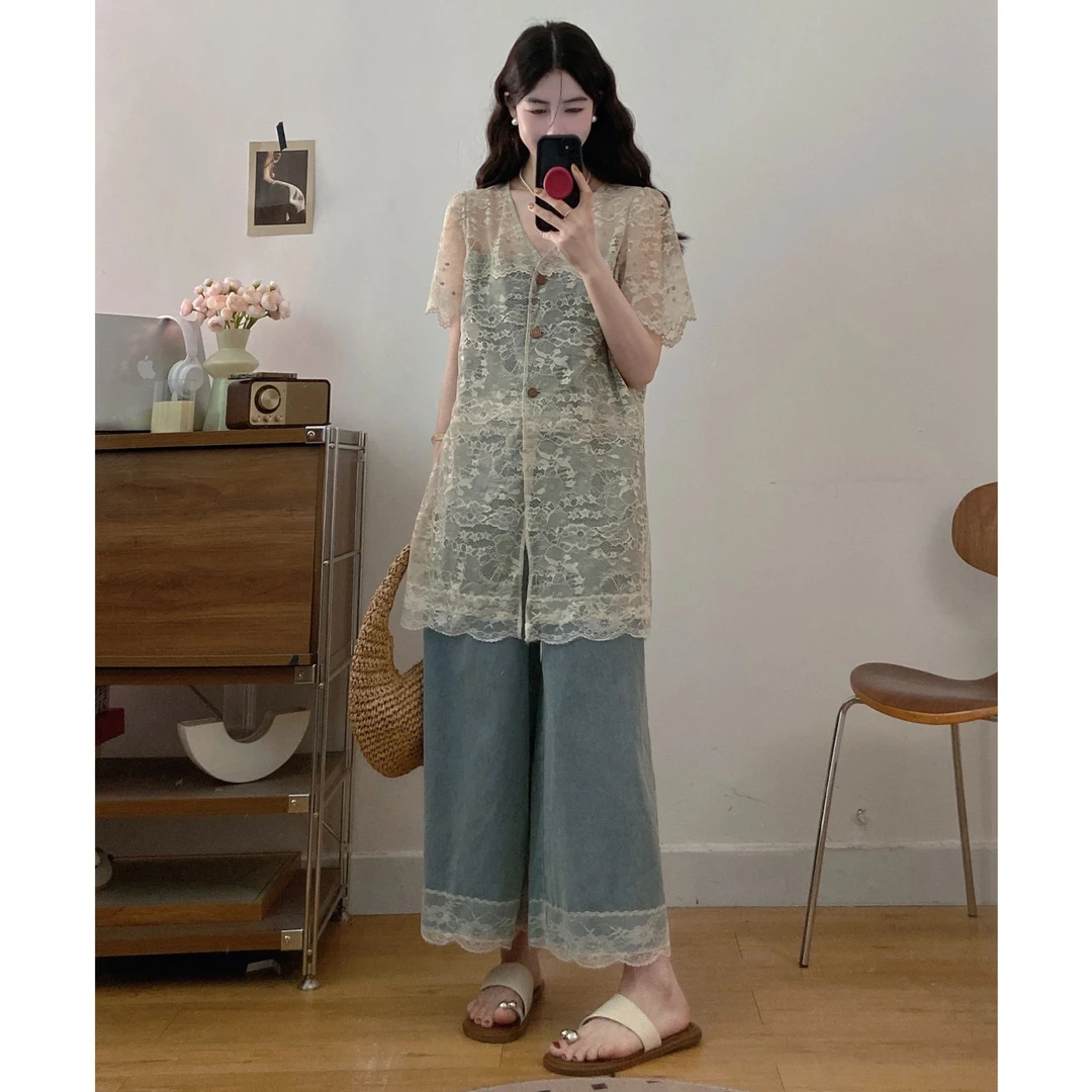 赫本风小众大码胖mm显瘦气质复古蕾丝拼接牛仔上衣阔腿长裤两件套