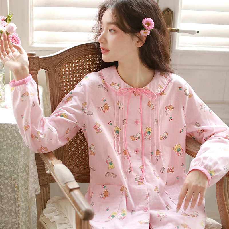 春夏纯棉女士睡衣柔软双层棉纱翻领长袖长裤宽松家居服套装