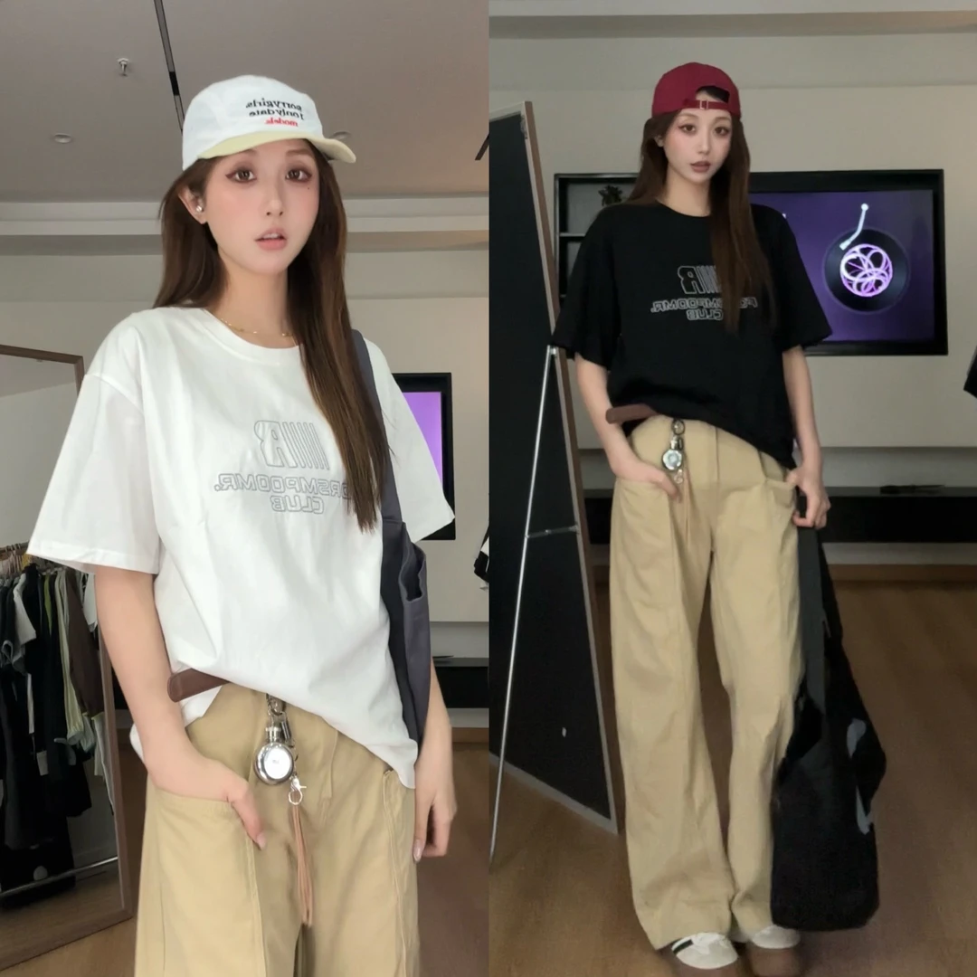 【慌慌】美式复古重磅短袖T恤夏季新款男女同款字母刺绣宽松T恤2734