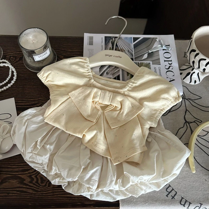 女童套装2025夏装新款洋气儿童蝴蝶结短袖上衣宝宝两件套装潮款