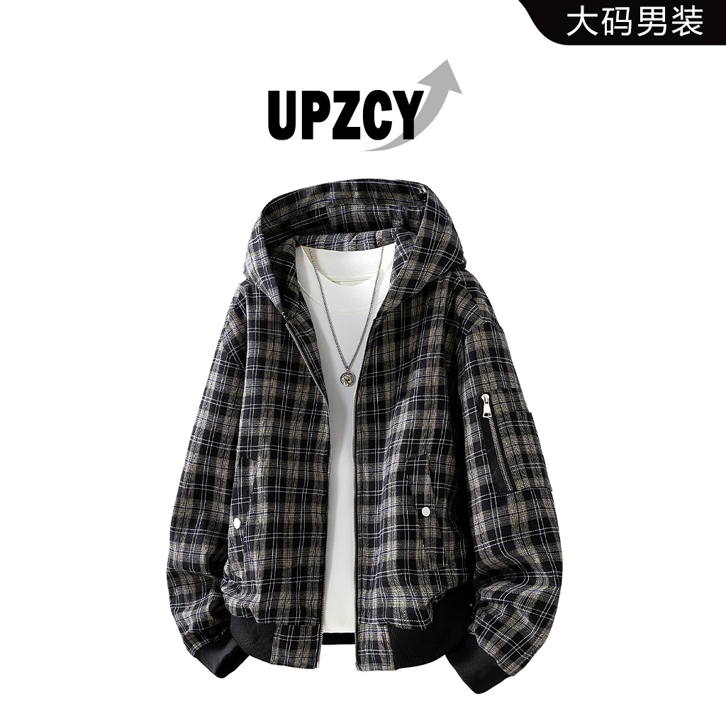 UPZCY男士大码格纹连帽夹克外套秋季宽松休闲上衣外套高级感男装