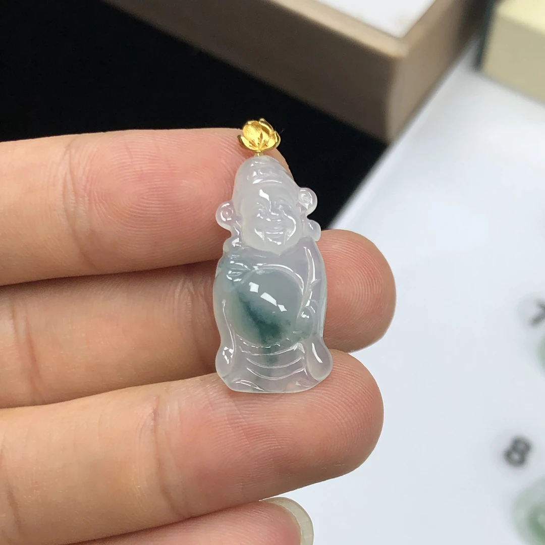 天然缅甸A货翡翠 冰润起胶飘蓝花财神爷吊坠 18K金镶嵌玉石挂坠