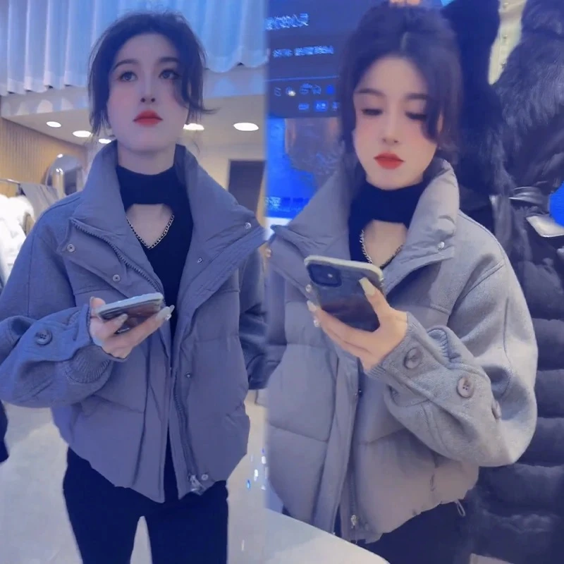 2025新款韩版冬季时尚洋气棉服拼接毛呢外套女立领短款加厚棉衣潮