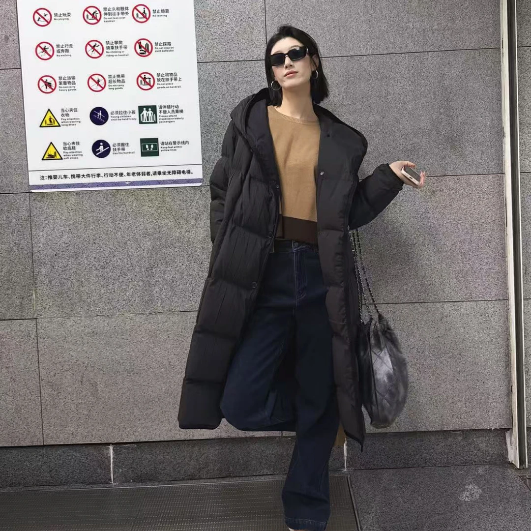 连帽白鹅绒大被子款加厚保暖过膝长款冬季羽绒外套女