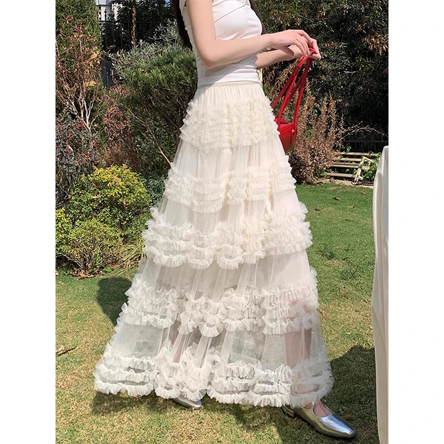 白色半身裙长款女夏季网纱蕾丝长裙2025新款木耳边绝美仙女蛋糕裙