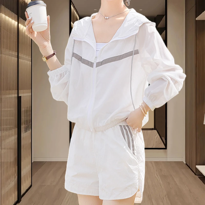 欧货休闲运动连帽防晒衣套装女小个子夏季薄款大码外套短裤两件套