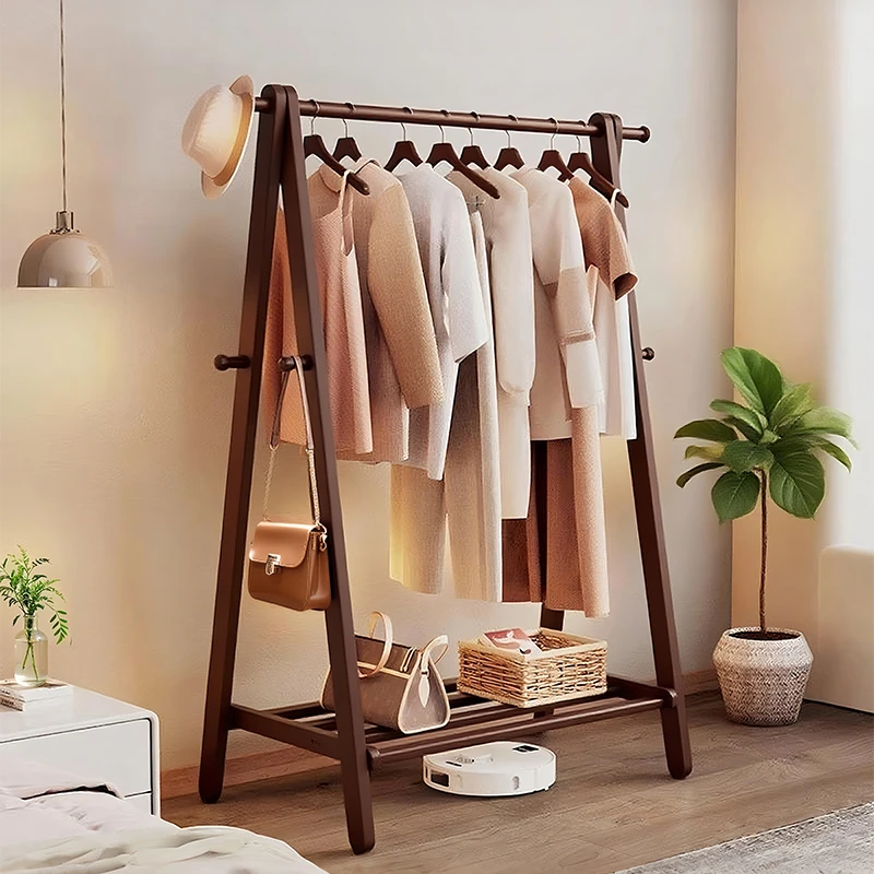 实木衣帽架落地家用卧室挂衣服的架子置物收纳可折叠的加粗晾衣架