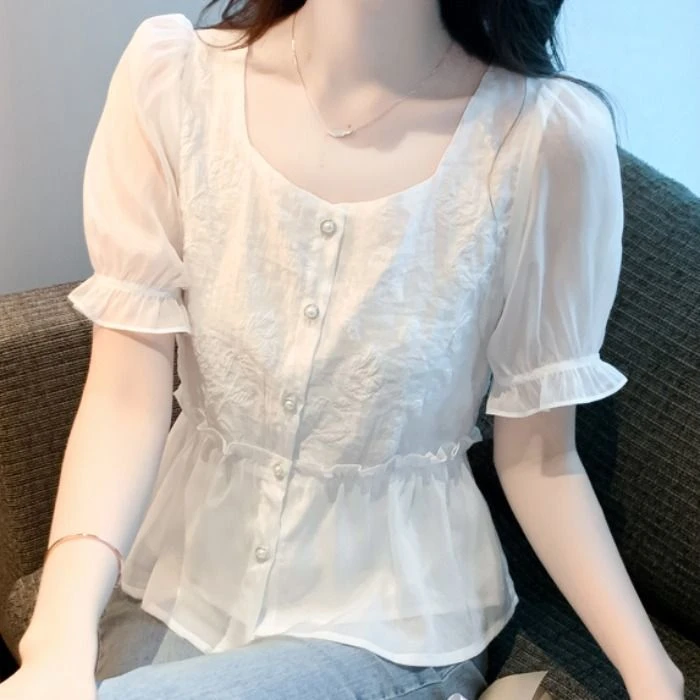 店铺法式减龄漂亮短袖雪纺衬衫2023夏季洋气小裙摆收腰遮肉