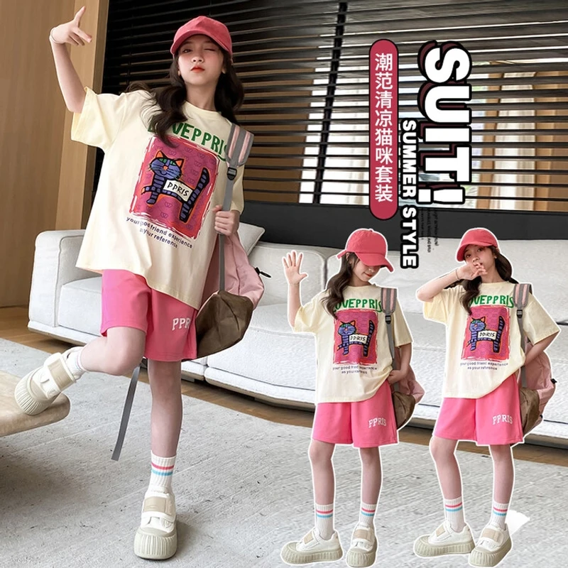 女童套装夏装短袖两件套2025中大童夏季多巴胺套装女孩8-14岁休闲