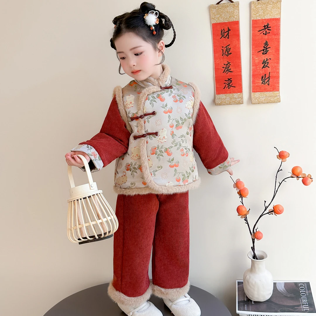 女童洋气拜年服汉服冬季儿童中国风唐装加厚套装宝宝中式喜庆礼服