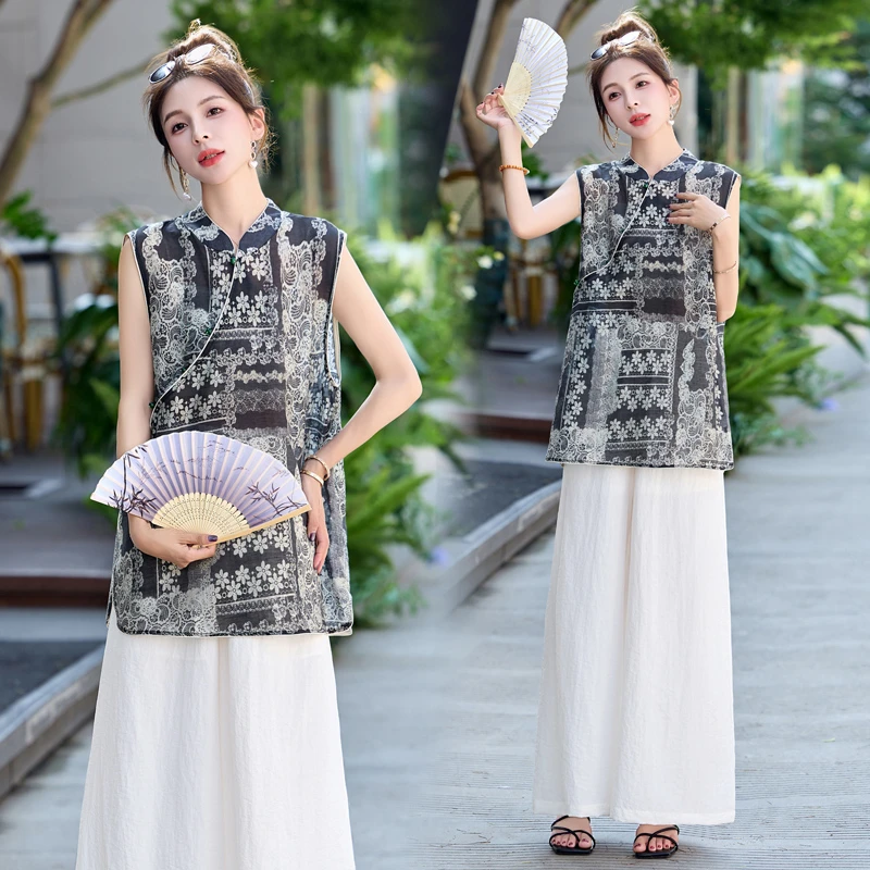 新中式国风套装短袖气质时尚夏季复古文艺2印花显瘦民族风两件套