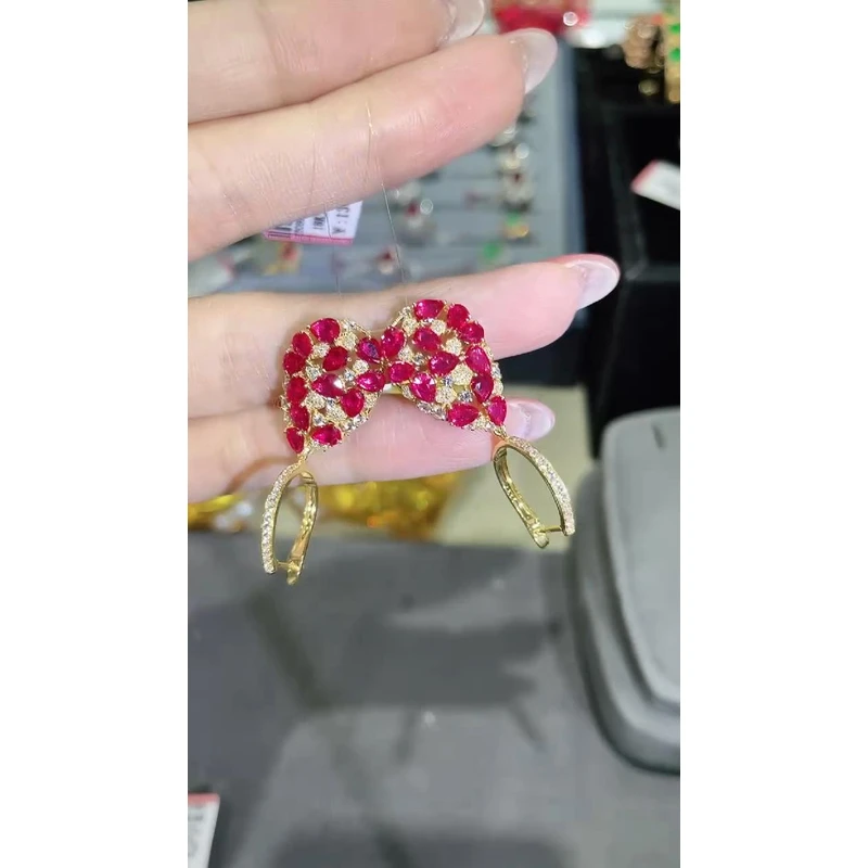 18K金镶嵌天然无烧红宝石耳饰耳扣 K黄