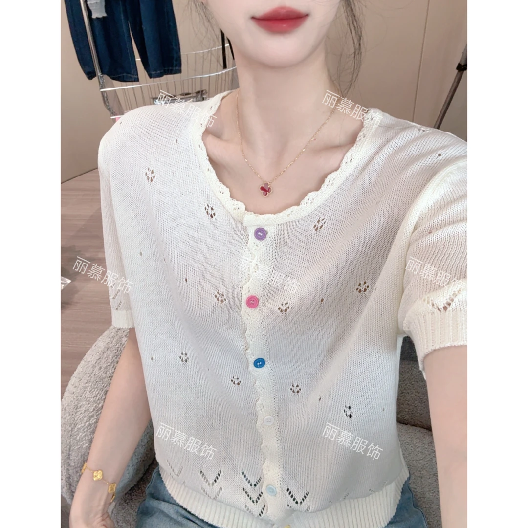 【彩扣开衫短袖】小彩扣镂空清凉薄款夏季花边圆领针织短袖开衫1600