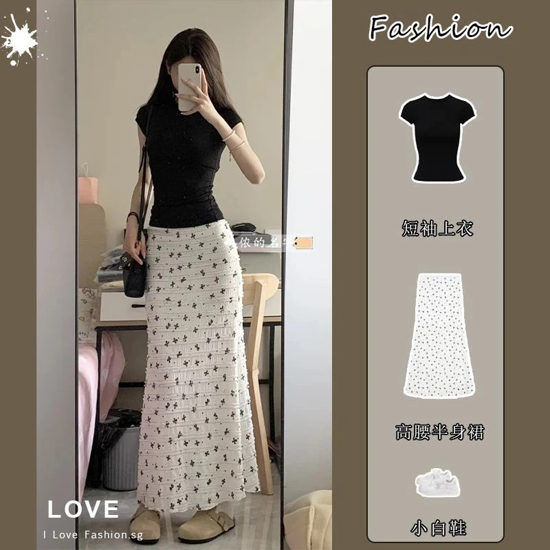 套装女2025春夏新款韩系辣妹短袖T恤上衣高腰显瘦碎花鱼尾半身裙