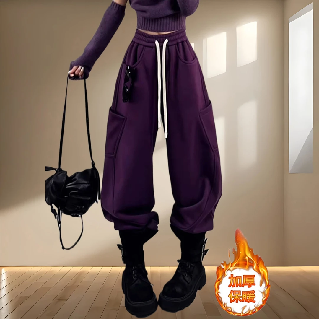 秋冬加绒加厚保暖百搭潮流炸街时尚长裤高腰阔腿裤慵懒风休闲卫裤