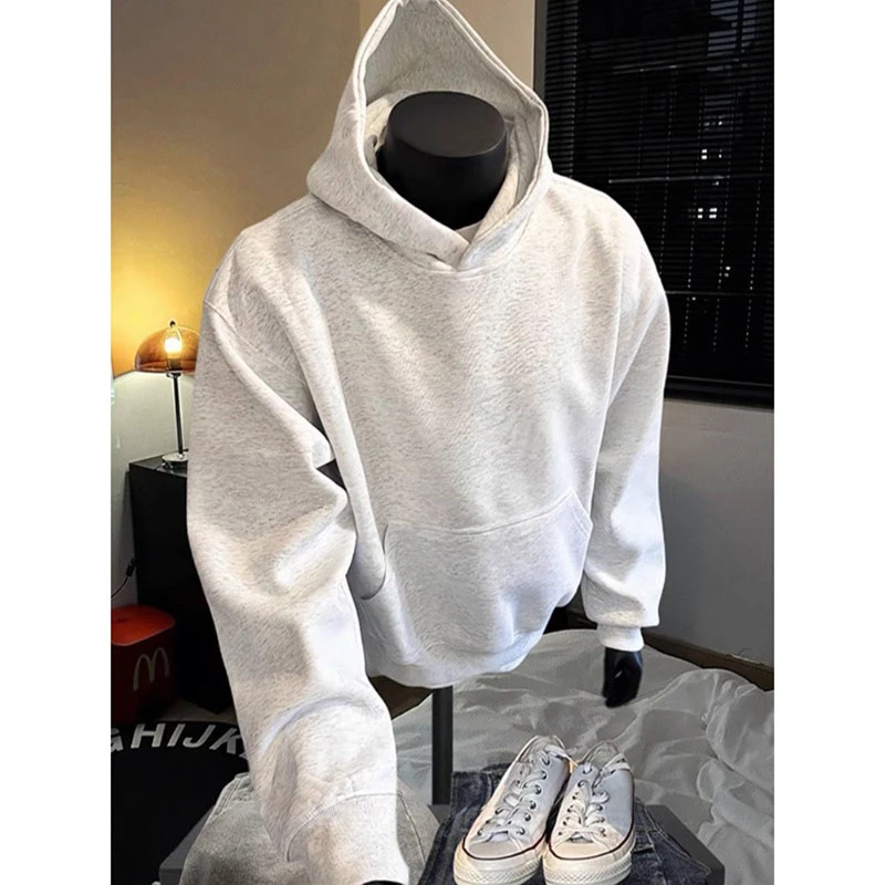 花灰色boxy短宽卫衣男春秋季重磅硬挺连帽衫美式潮牌cleanfit外套