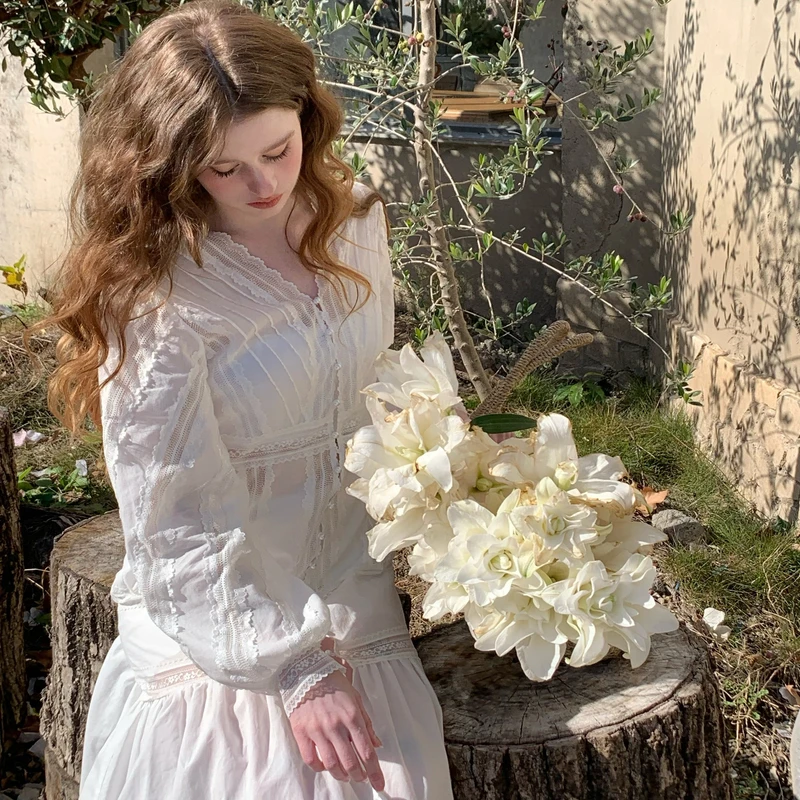 【咨询享优惠】原创手工缝纫 薄荷海 白色纯棉蕾丝v领长袖连衣裙