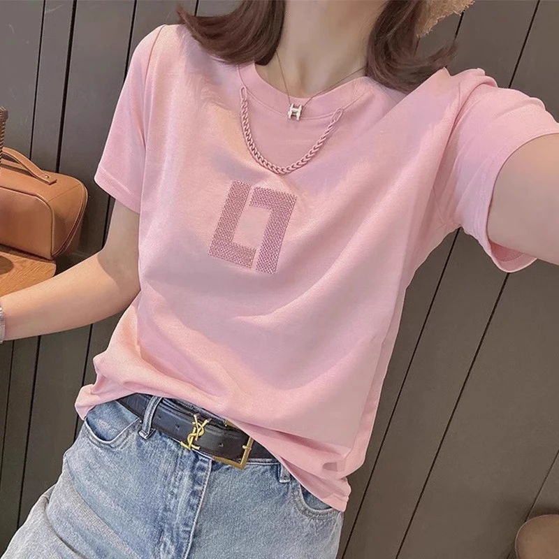 棉质短袖t恤女2025年新款夏装百搭修身体恤重工圆领女士上衣