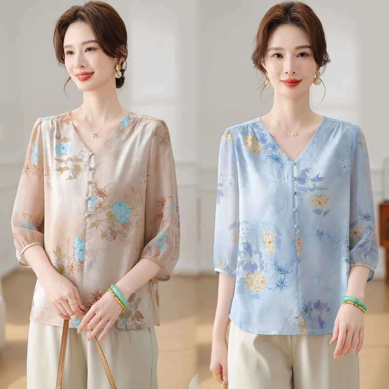 中年妈妈夏装洋气T恤新中式印花上衣中老年女薄款七分袖时尚小衫