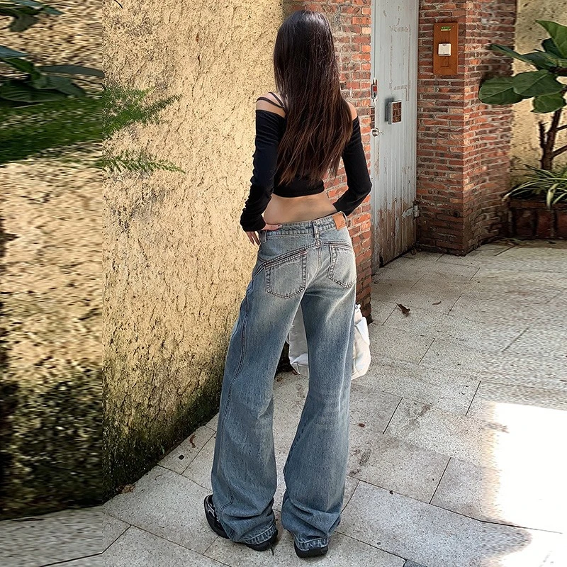 复古水洗不贴腿微喇牛仔裤女新款设计感修身阔腿显瘦直筒喇叭裤子