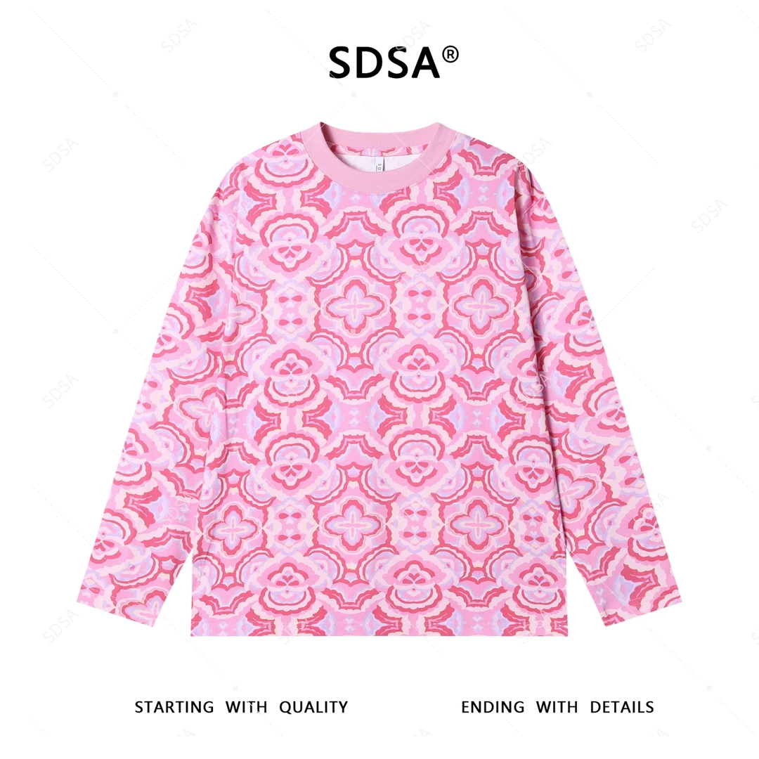 SDSA男士2025新款轻奢痞帅男装简约植物花卉圆领长袖T恤百搭时尚