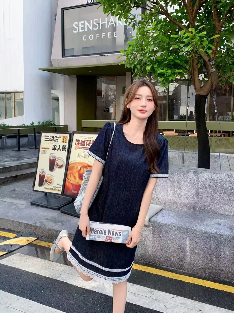 邹先森9850-30夏季新款时尚百搭蕾丝花边拼接牛仔连衣裙