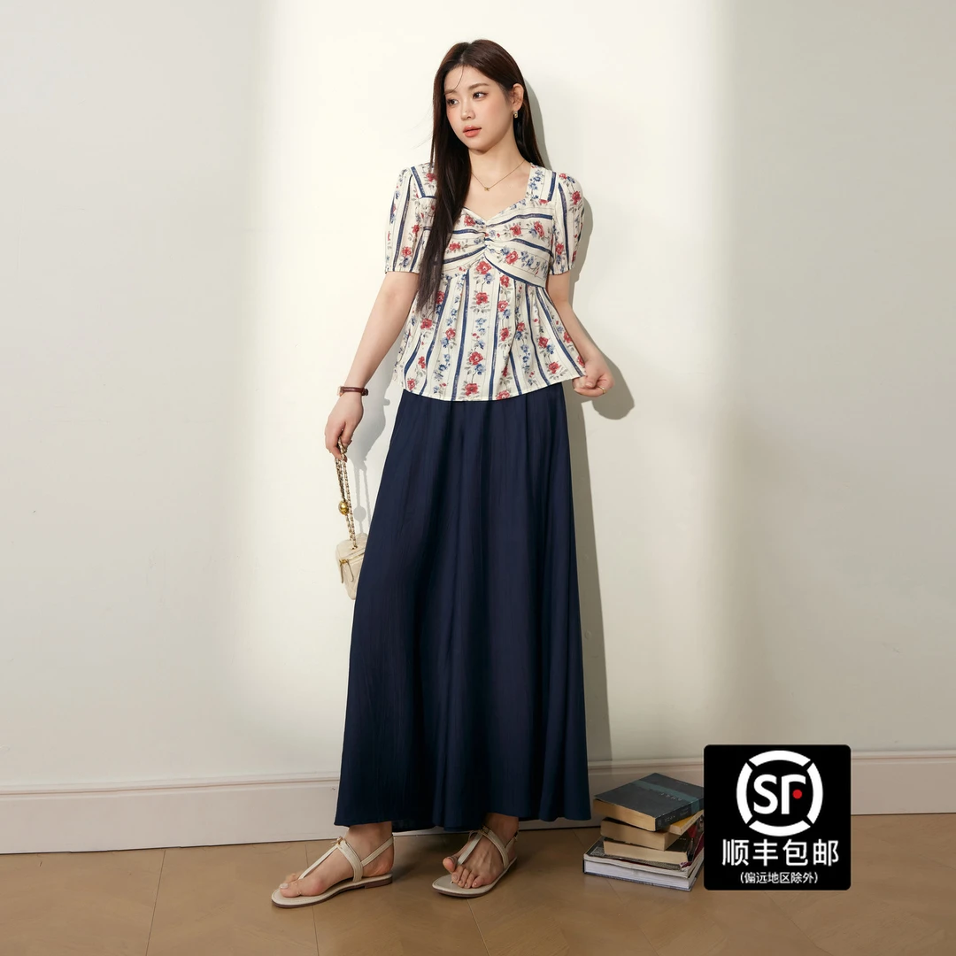 蓝语大码复古碎花短袖小衫宽松阔腿裤裙夏显瘦遮肉时尚套装18771