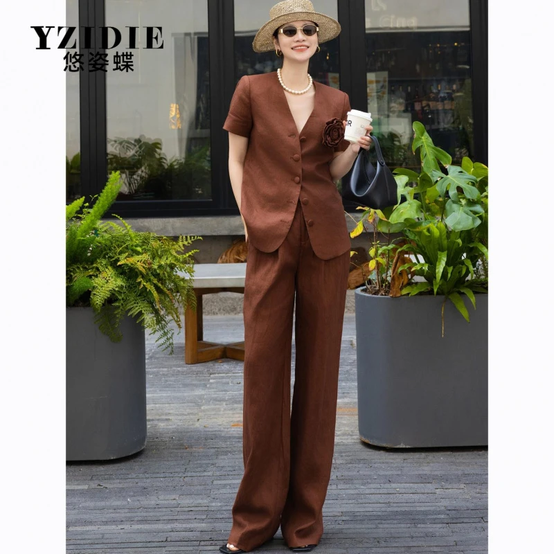 YZIDIE原创设计感套装夏季老钱风短袖西装马甲阔腿裤两气质