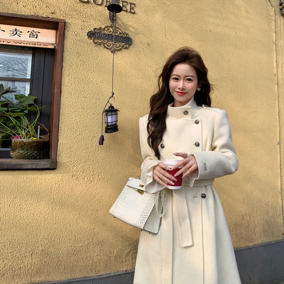果果家   新款立领双排扣长款大衣2025高级感优雅毛呢外套女