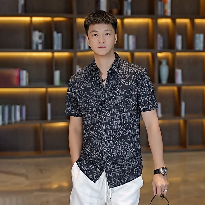 2025夏季新款短袖男士字母印花时尚百搭潮流商务衬衫衬衫男短袖