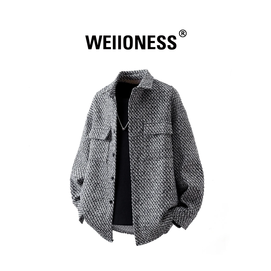 WEIIONESS美式休闲格子夹克男款秋季痞帅潮流宽松翻领小香风外套