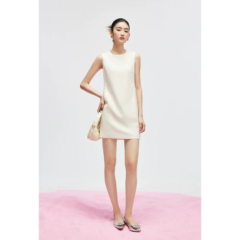 【诗语专属】MandyZhang白色醋酸无袖礼服连衣裙女夏季裙子新