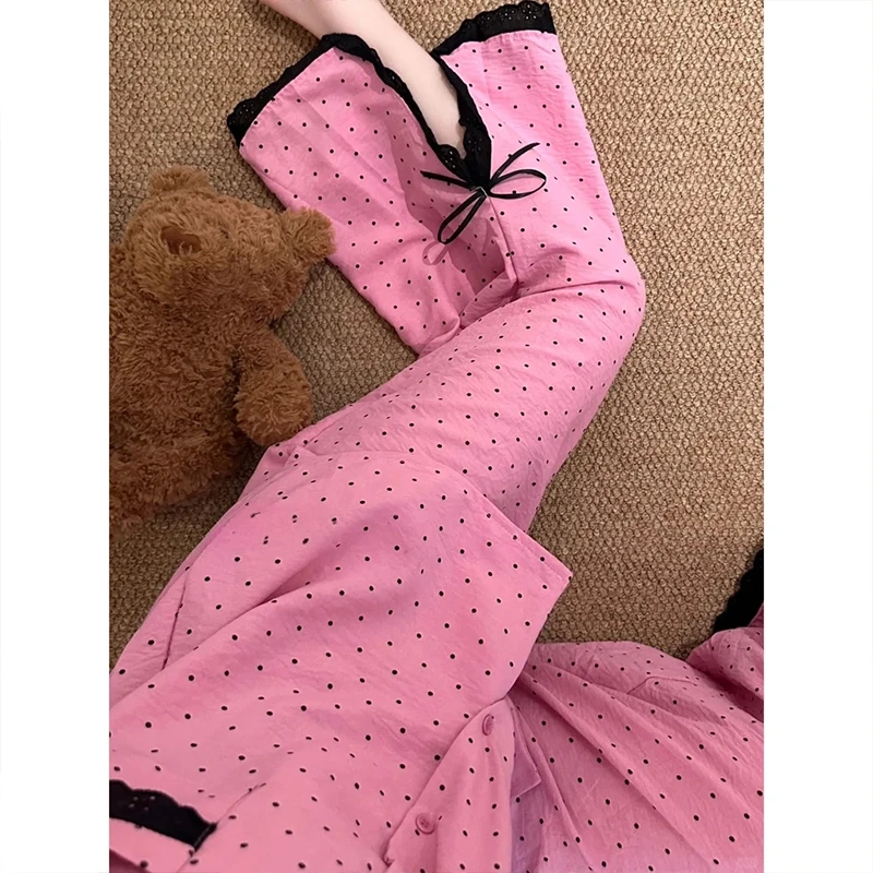 【粉色波点】甜美蕾丝开叉棉纱短袖睡衣女夏季新款套装可外穿家居服