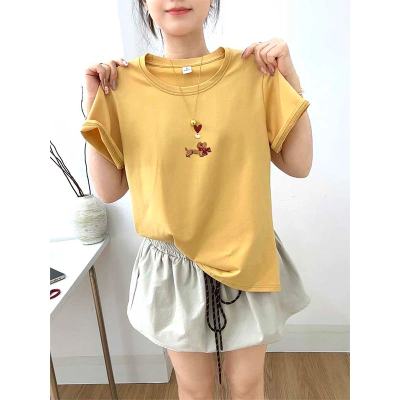 正肩圆领短袖t恤女装2025夏季新款时尚百搭减龄黄色上衣潮牌体恤
