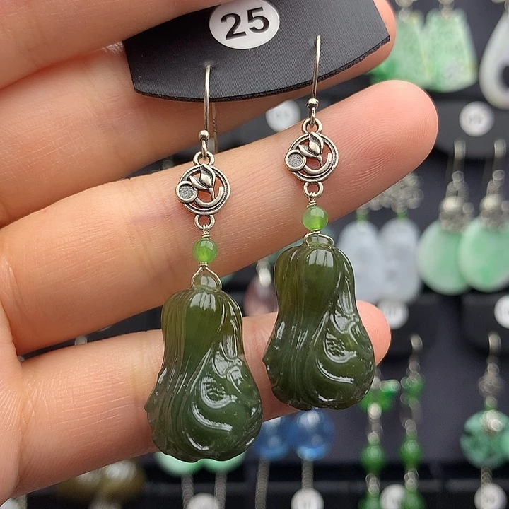 和田玉耳饰银S925镶嵌