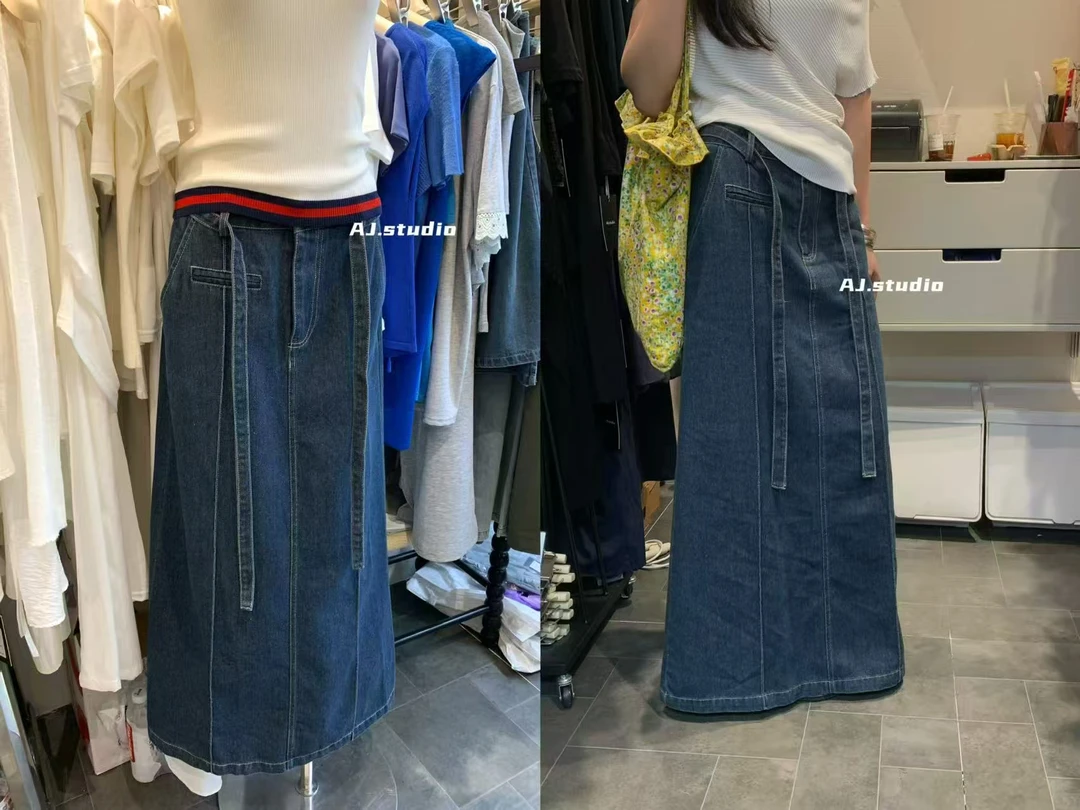 AJ  福（1ajl95352#）直筒牛仔裙、中缝线带腰带长款半裙 9-14