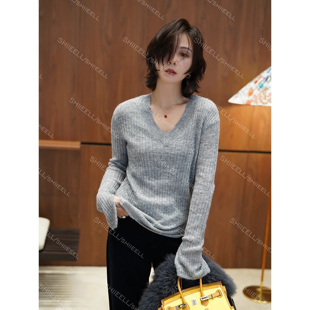 SHIIEELL【心头爱】冬季鸡心领坑条马海毛混纺长款打底毛衫Z5753