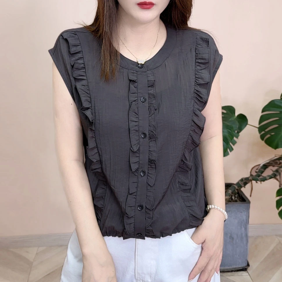 2025夏季新品薄款时尚百搭修身显瘦气质拼接褶皱减龄女士衬衫8074