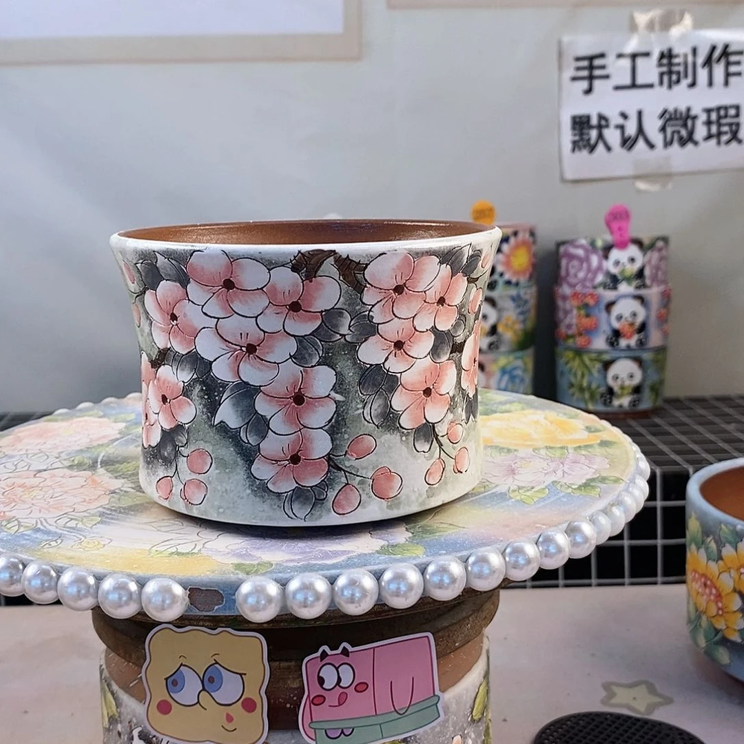 红泥花盆温**钱红陶手绘花盆